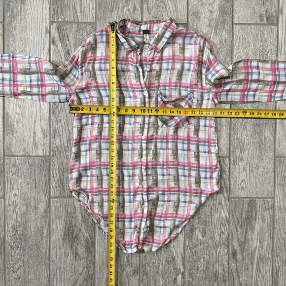 We The Free Women's Button Down Shirt Pink Blue Plaid Top Medium Long Sleeves - Picture 12 of 12